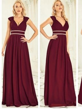 Burgundy V-Neck Evening Gown